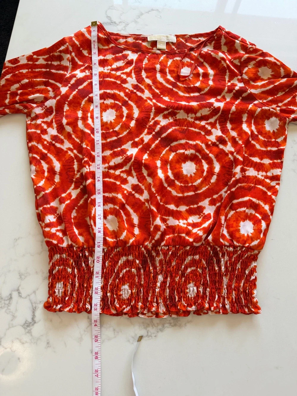 Michael Kors Orange Tie-Dye Circle Print Smocked Hem Blouse